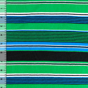 Kelly Blue Black Retro Stripe Jersey Spandex Blend Ribbed Knit Fabric