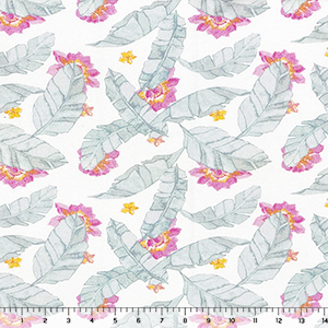 Minty Gray Feather Palm Leaves on White French Terry Knit Fabric