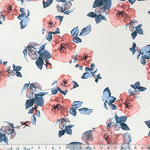 Pink Blue Rose Floral on White French Terry Blend Knit Fabric