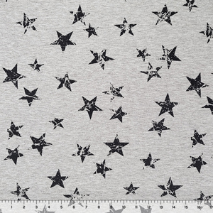 Black Tossed Distressed Stars on Heather Gray French Terry Blend Knit Fabric