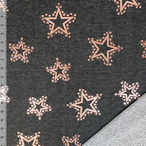 Sparkly Rose Gold Stars on Denim Black French Terry Knit Fabric
