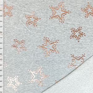 Sparkly Rose Gold Stars on Heather Gray French Terry Knit Fabric