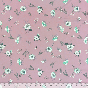 Minty Gray Floral on Dusty Rose ITY Knit Fabric