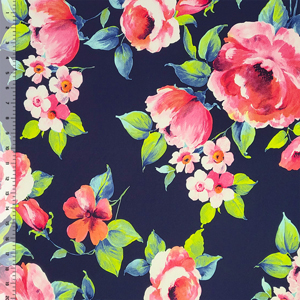 Big Pink Poppy Floral on Navy ITY Knit Fabric