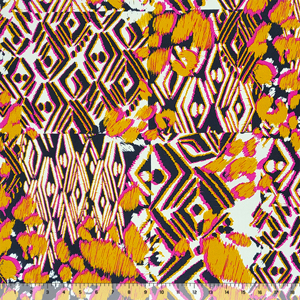Fuchsia Gold Black Scribbled Boho Tiles ITY Knit Fabric