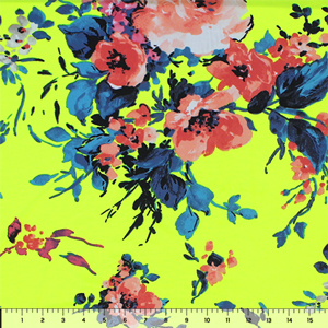 Big Pink Peach Blue Floral on Neon Yellow Single Spandex Knit Fabric