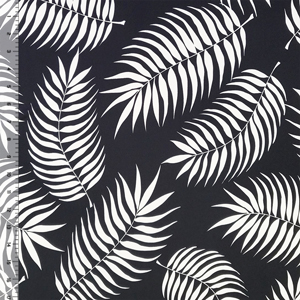 White Palm Leaves Silhouettes on Black ITY Knit Fabric