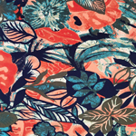 Abstract Tropical Palm Leaves on Navy DTY Single Spandex Knit Fabric
